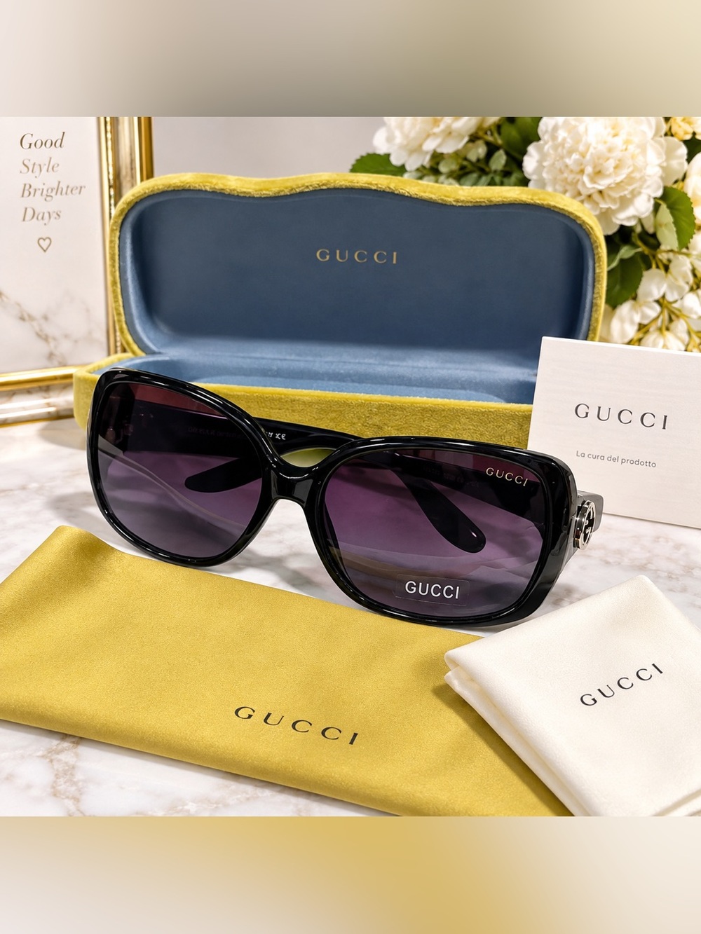 Gucci Black Frame Sunglasses with Purple Gradient Lenses